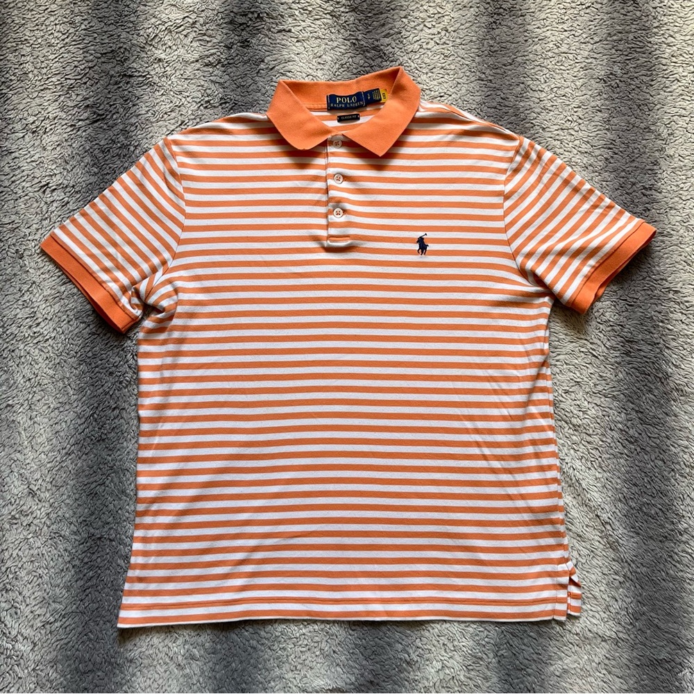 Polo by Ralph Lauren Orange & White Striped Polo Shirt Men’s Small Classic Fit